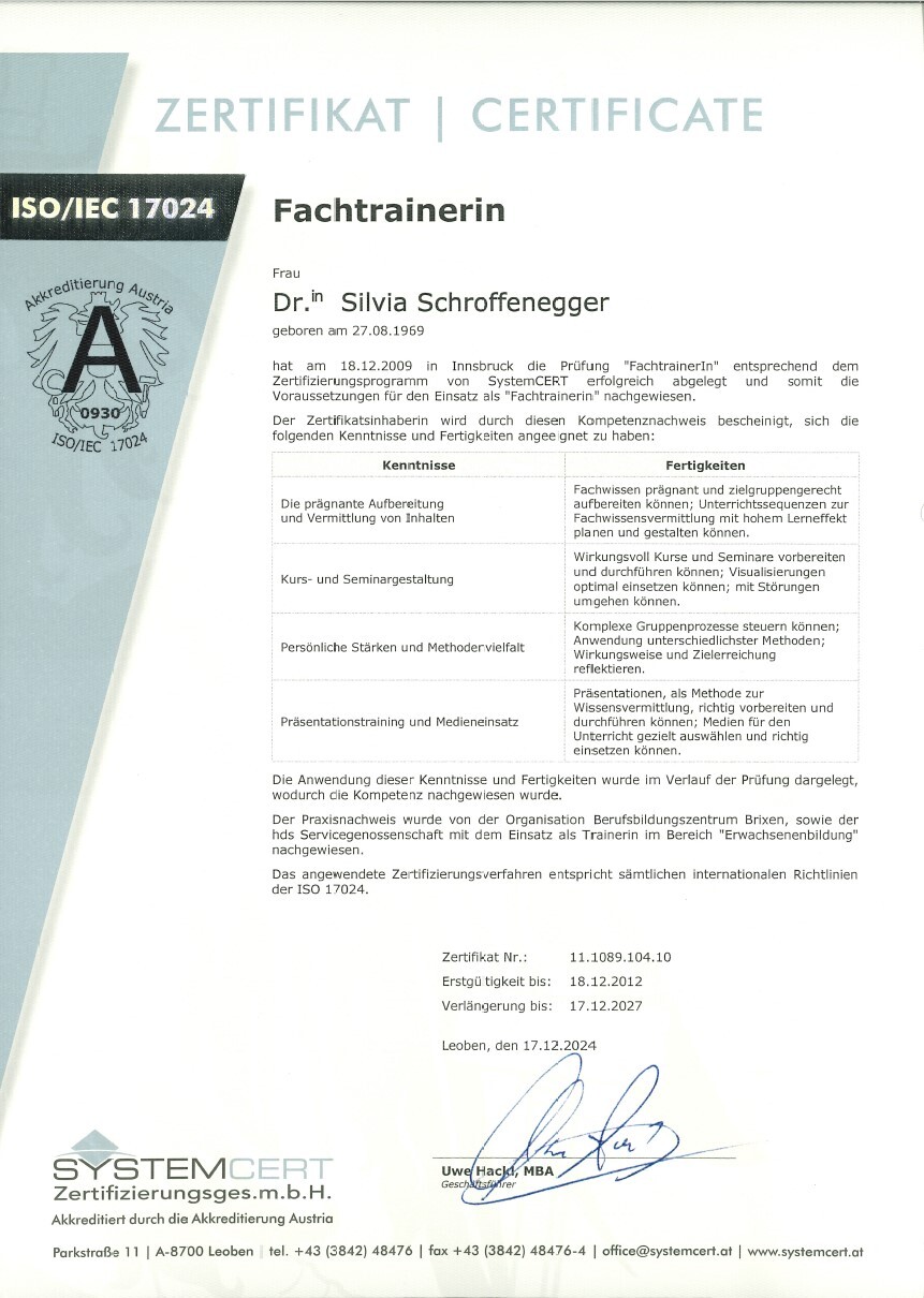 Zertifikat lt. Iso-Norm 17024